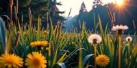 photograph, lush reeds with Dandelion, Intense, intricate details