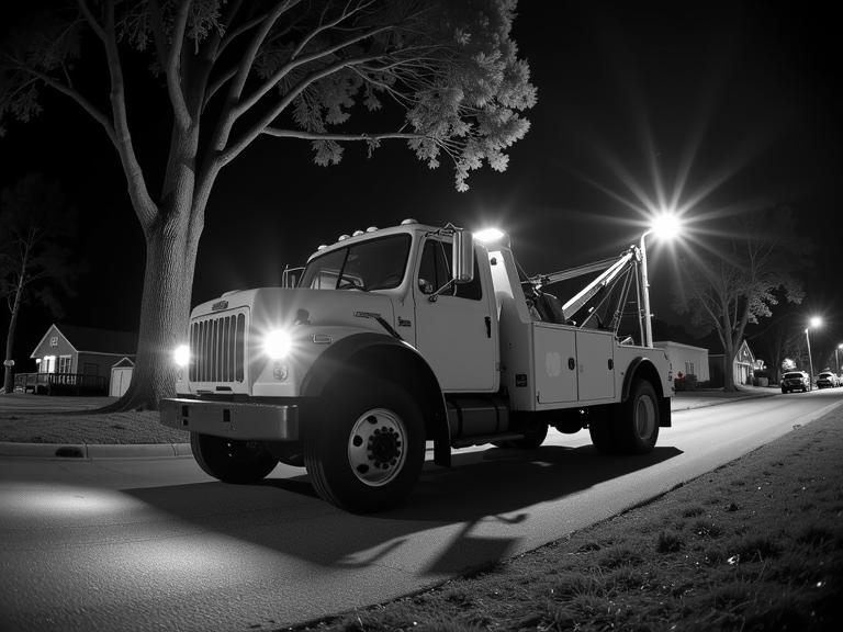 designed by Robert Stivers and Alvin Langdon Coburn , photograph, dynamic, eye level shot of a Weary Interesting Modern Tow truck