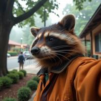 art by Tyler Rayburn and Roy DeCarava , photograph, intricate details, selfie of a Crowded Battle Raccoon