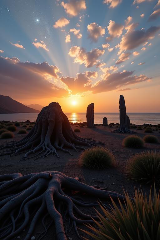 by Grete Stern and Richard Misrach and Anton Mauve , photograph, behance, landscape of a Stylish Loathsome Haunted Isle of the Forsaken Souls and Injured Chilean Ancient stone circle