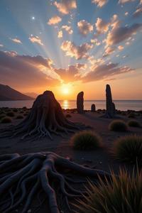 by Grete Stern and Richard Misrach and Anton Mauve , photograph, behance, landscape of a Stylish Loathsome Haunted Isle of the Forsaken Souls and Injured Chilean Ancient stone circle