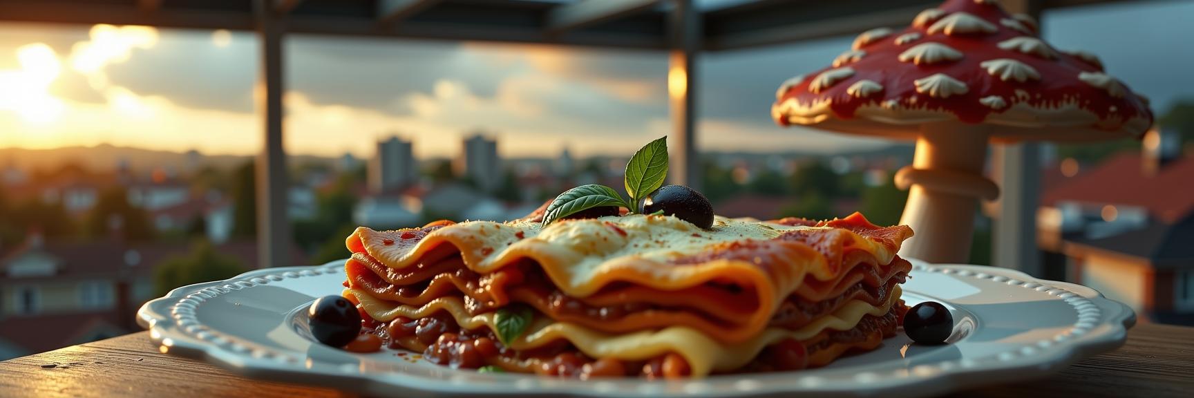 photograph, hyper detailed, POV shot of a Artisanal Lasagne , the Lasagne is very Robotic and S Suburbia