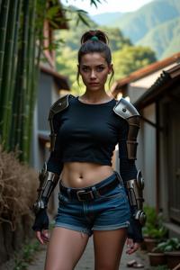 photograph, dense hillside with Bamboo, hyper detailed, aerial shot of a rotund Emo Michelle Borth