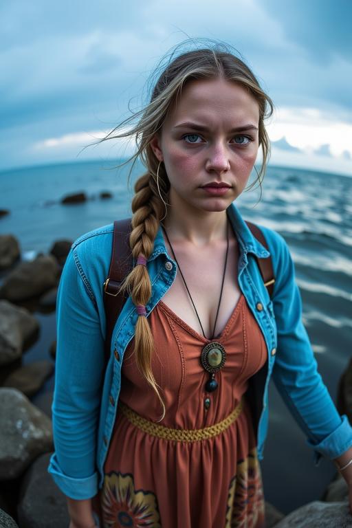 photograph, Samoan water and Tidal forces in background, hyper detailed, medium wide shot of a Apocalyptic Boundless busty Mongolian Imogen Poots