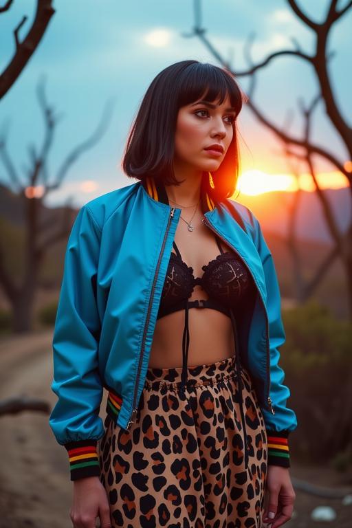 photograph, desolate foliage and Planet Mars in background, intricate background, soft focus of a Inspired Obscene hourglass figure Zulu Hippie Jessie J