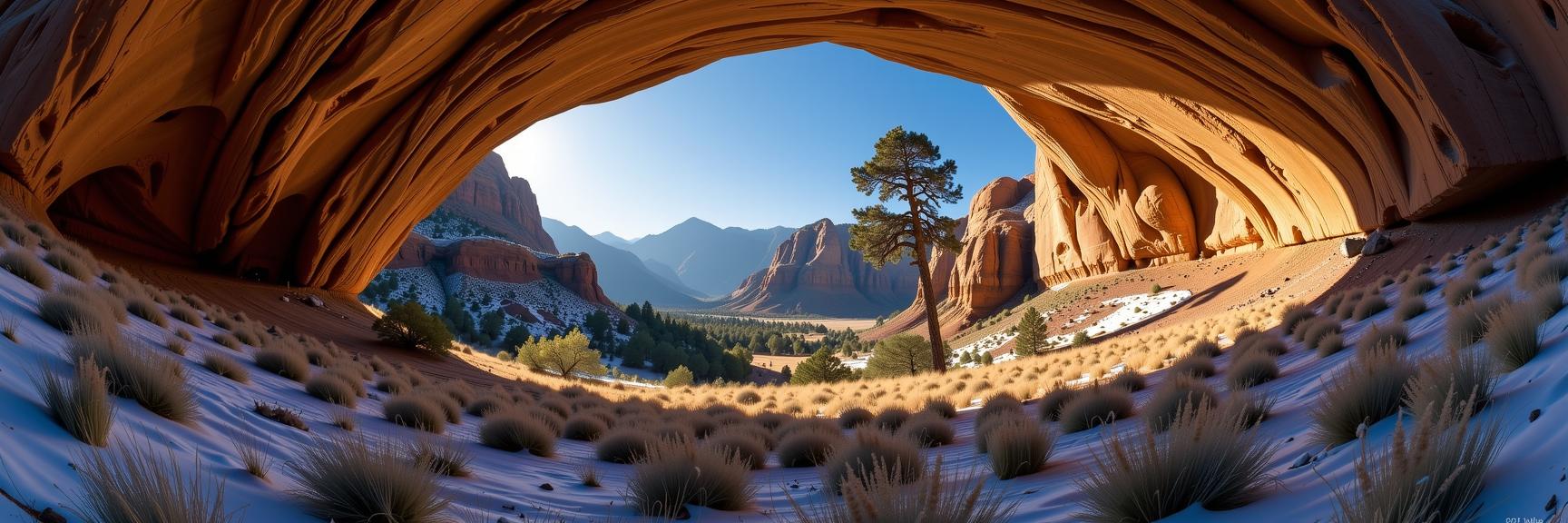 photograph, behance, landscape of a Petrified Asymmetrical Moonshadow Hollow from inside of The Valley of the Kings, lush field with Sequoia