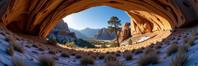 photograph, behance, landscape of a Petrified Asymmetrical Moonshadow Hollow from inside of The Valley of the Kings, lush field with Sequoia