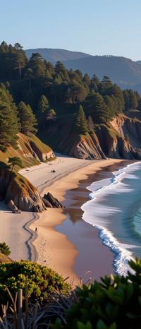 art by Norman Parkinson , photograph, deep green theme , landscape of a Angular Engaging Beach and S Pirate Ancient cedar forest
