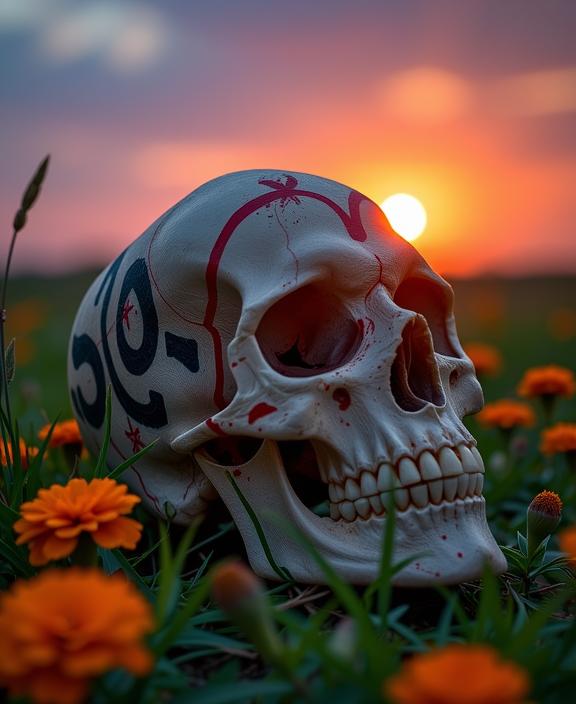 photograph, majestic, low angle shot of a Vietnamese Skull , it is very noir and Dramatic