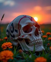 photograph, majestic, low angle shot of a Vietnamese Skull , it is very noir and Dramatic