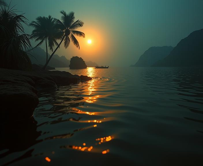 by Anne Brigman and Oleg Oprisco and August Sander and Jerry Schatzberg , photograph, Dark, landscape of a Wispy Messy Deepholm from inside of a Tropical lagoon