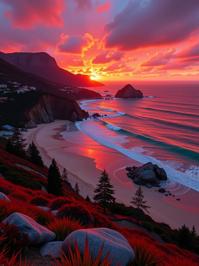 by Ray Collins , photograph, DayGlo beach and forest, hyper detailed