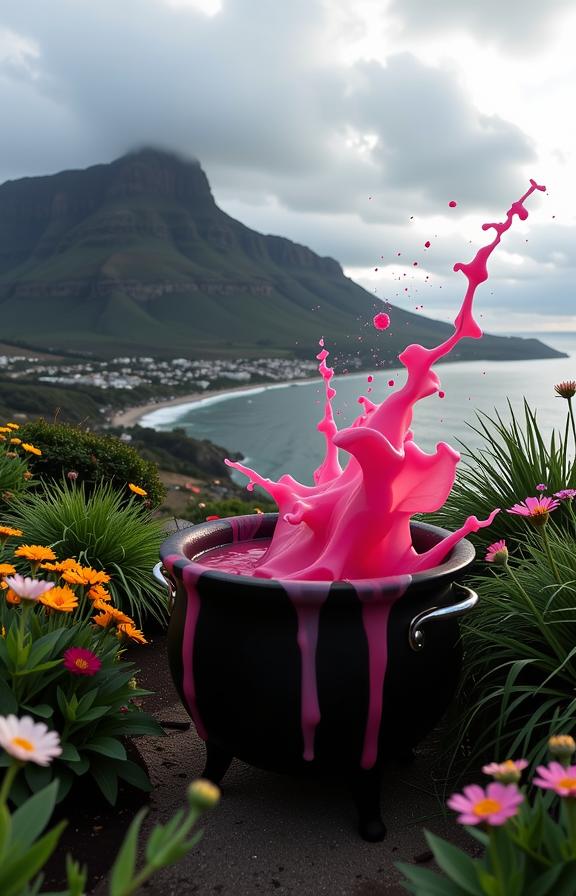 stylized by Wim Wenders and Mary Ellen Mark , photograph, Black and Vibrant splash, landscape of a Table Mountain and Narrative Egyptian Cauldron