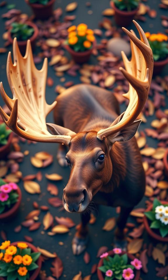 photograph, insane details, top down view of a Moose of The fallen , the Moose is very Gadgetpunk and Fiery