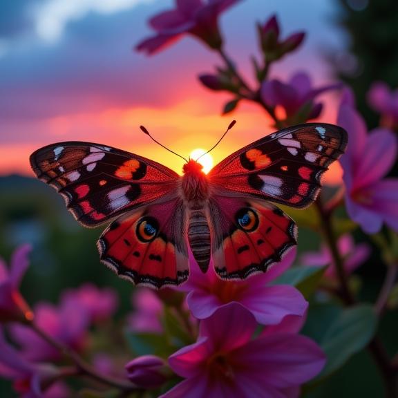 stylized by J M W Turner and Scarlett Hooft Graafland , photograph, insane details, extreme wide shot of a Secret Ravishing Sunset Moth