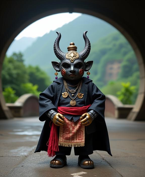stylized by George Christakis and William Klein and Serge Najjar , photograph, majestic, hip level shot of a Contemporary Basic Thai Chinese Voodoo doll
