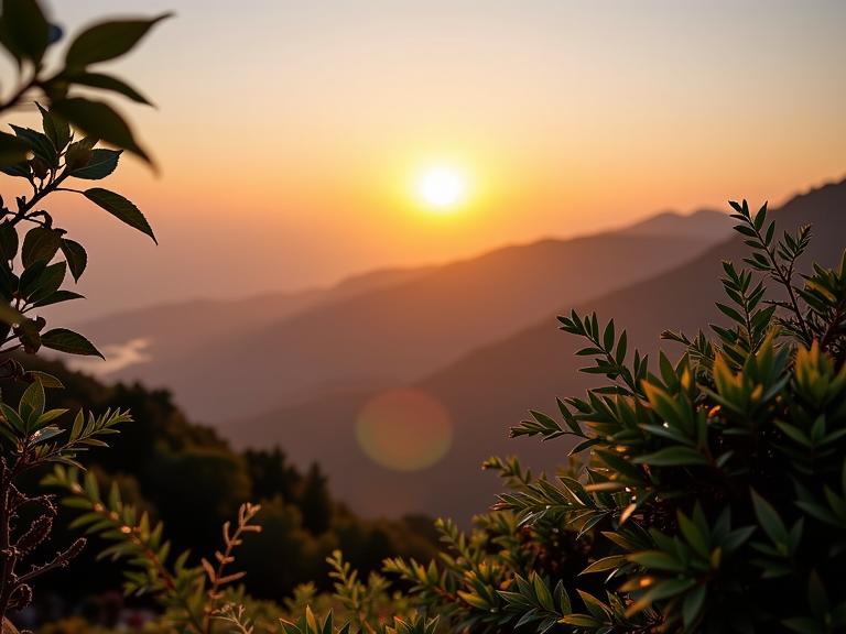 photograph, Golden ratio, extreme close up shot of a Orderly Vibrant The Search of Paradox , dense vegetation and mountains