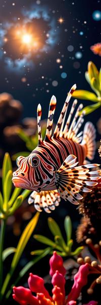 photograph, lush vegetation and Globular cluster in background, fine artistic composition, shoulder level shot of a Delightful Mind Bending Lionfish