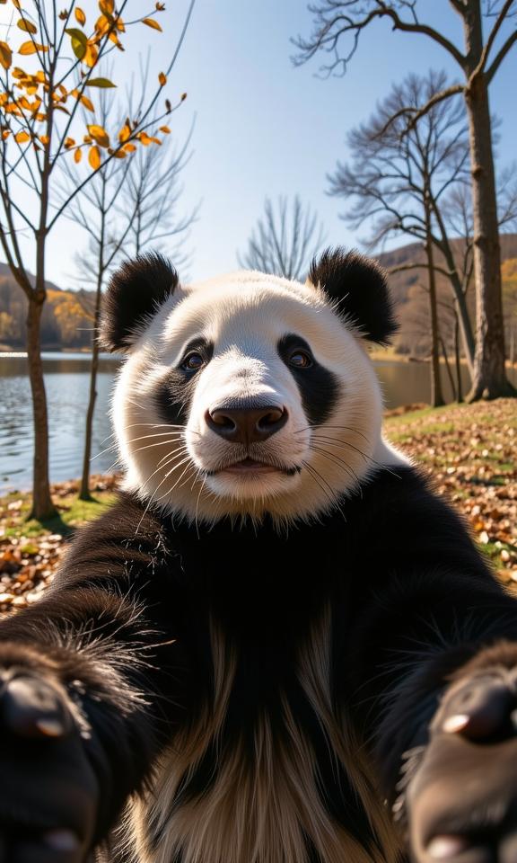 stylized by Ben Goossens and Rinko Kawauchi and David Chipperfield and Ingrid Endel , photograph, intricate details, selfie shot angle of a Panda wearing a Pores
