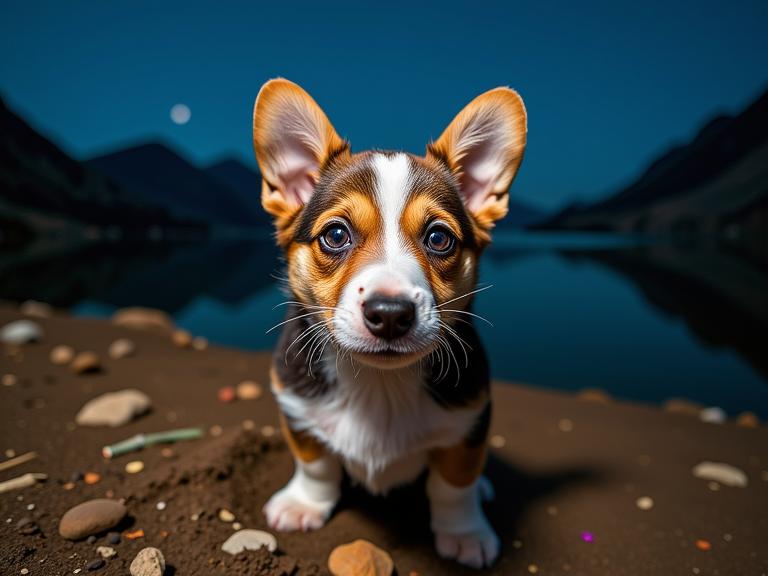 photograph, hyper detailed, modelshoot style shot of a Inviting Violent Pembroke Welsh Corgi Puppy , covered in Tar Elevated Valley in background