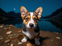 photograph, hyper detailed, modelshoot style shot of a Inviting Violent Pembroke Welsh Corgi Puppy , covered in Tar Elevated Valley in background