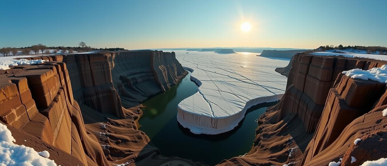 photograph, Czech cinema, landscape of a Ice Sheet from inside of The Horseshoe Bend, it is very Complementary and Fiery