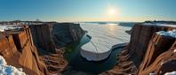 photograph, Czech cinema, landscape of a Ice Sheet from inside of The Horseshoe Bend, it is very Complementary and Fiery