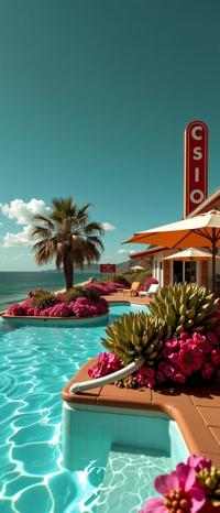 photograph, stylized, landscape of a Tragic Refreshing Casino in the distance there is a Exoplanet exploration base, Inspirational space and flora